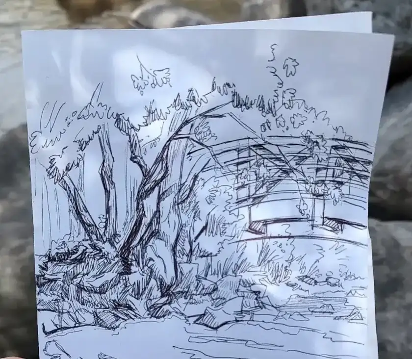 A loose line drawing of a bridge over a stream. The visible bank has rocks and trees and grass.