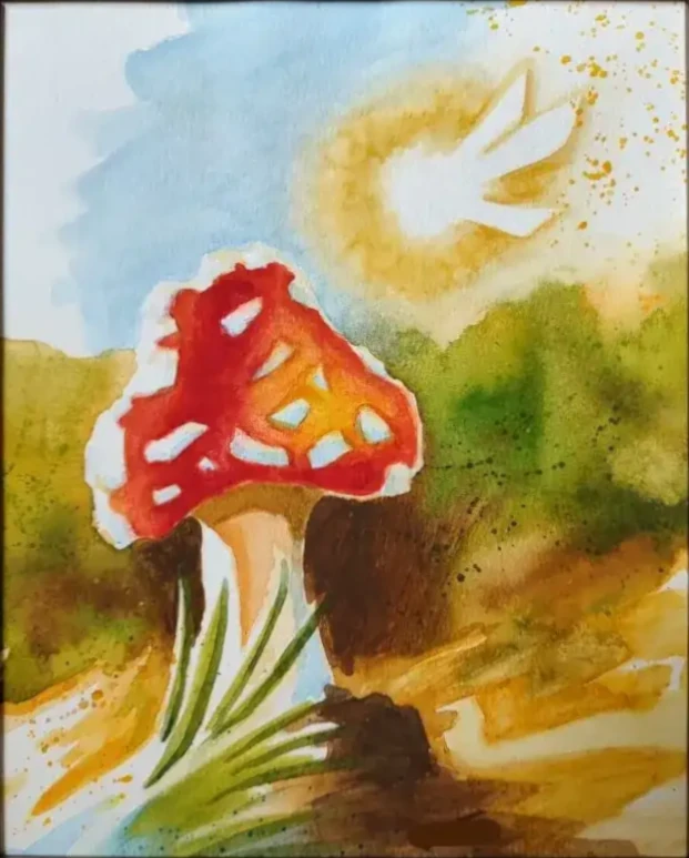 A watercolor illustration of a close up of a mushroom with a bluured green and yellow background. Above it is a yellow glowing blob with wings in a blue sky.
