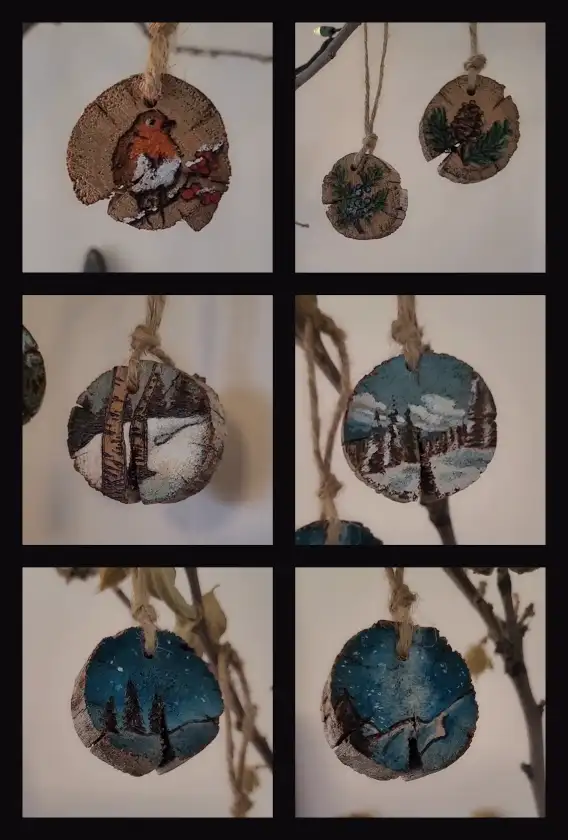 Wood disks ornaments with winter-themed illustrations such as landscapes, birds, and pine cones.